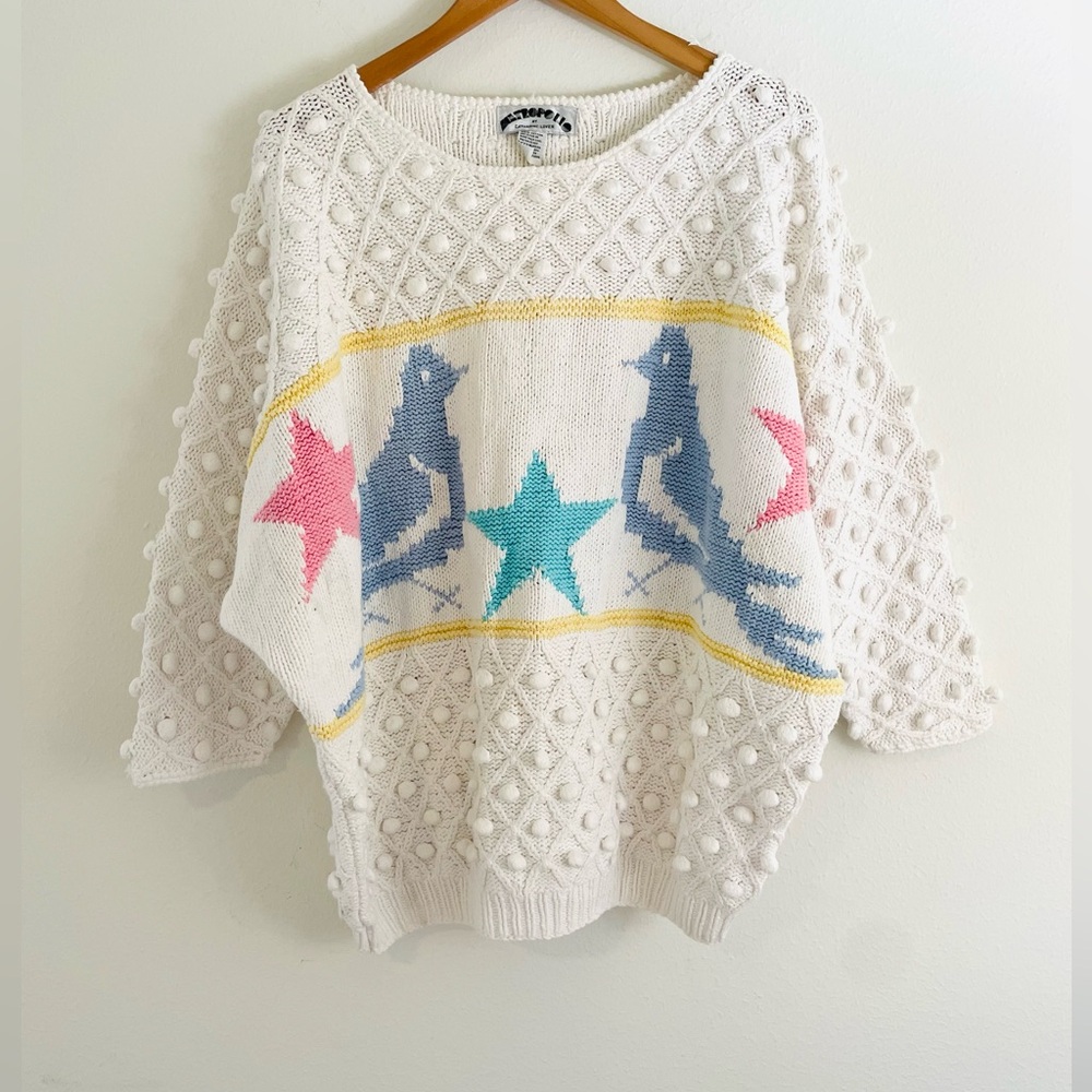 80s Womens Oversized Fairy Kei Birds Star Print‎ app Pom Sweater Pastel